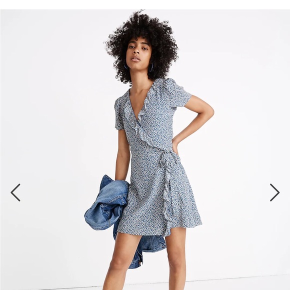Madewell Dresses & Skirts - • Madewell • Women’s Silk Ruffle-Edge Wrap Mini Dress in Bitsy Floral Blue White